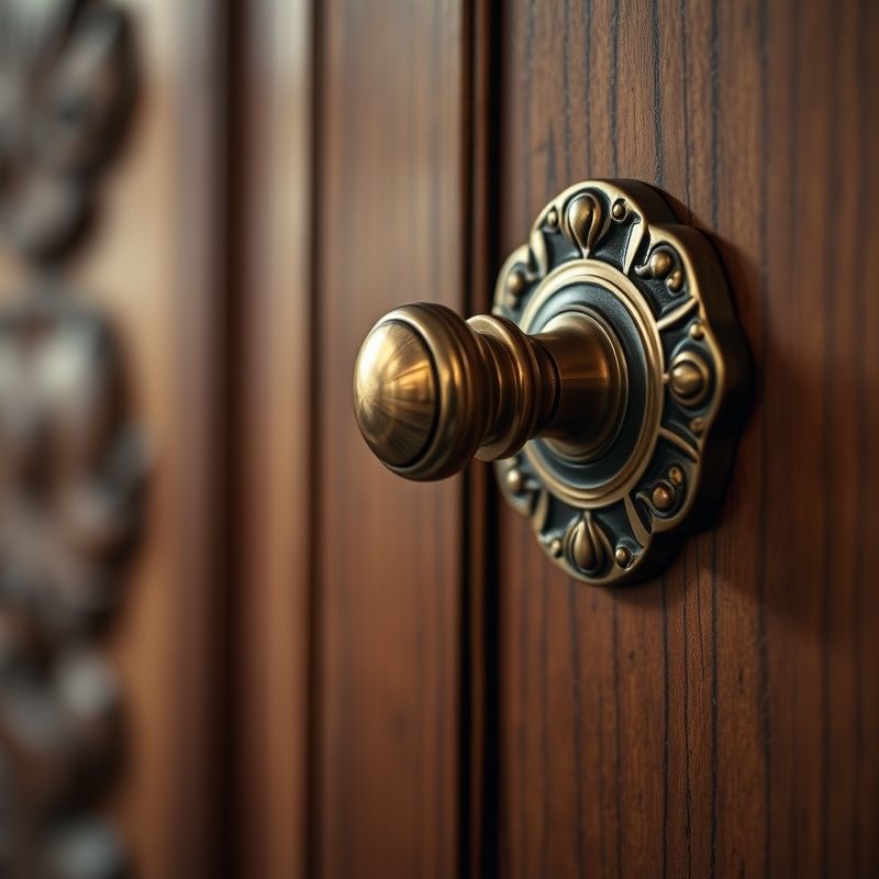 Detail mosadznej kľučky na masívnych drevených dverách kancelárie