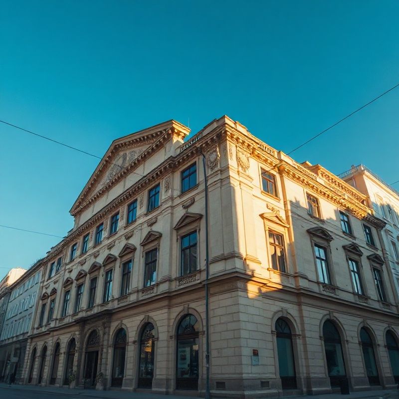 Klasická budova s kamennou fasádou na hlavnej ulici v Košiciach v teplom popoludňajšom svetle